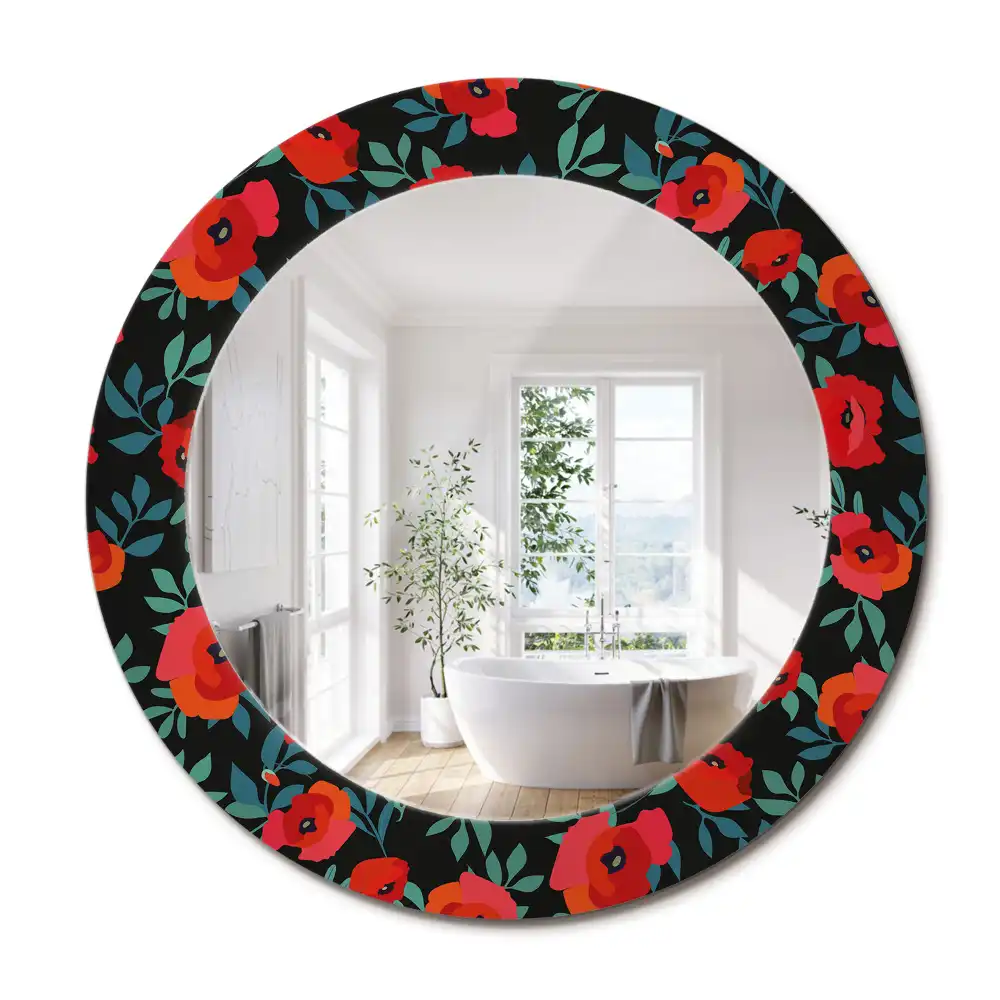 Miroir rond avec décoration coquelicot rouge
