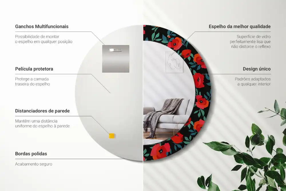 Miroir rond avec décoration coquelicot rouge