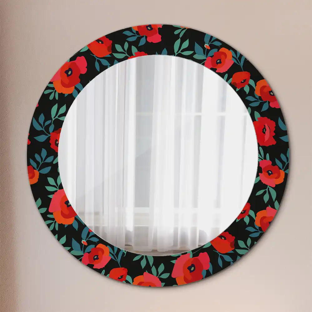 Miroir rond avec décoration coquelicot rouge