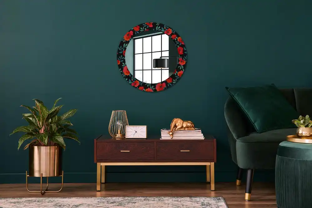 Miroir rond avec décoration coquelicot rouge