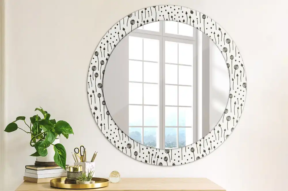 Miroir rond cadre imprimé esquisse florale