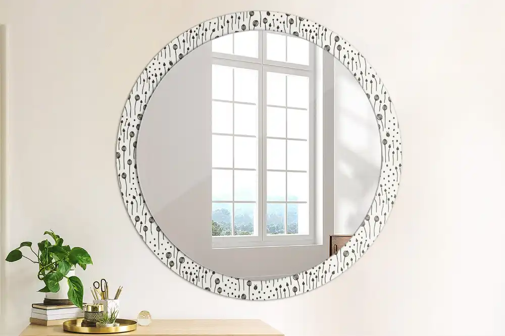 Miroir rond cadre imprimé esquisse florale