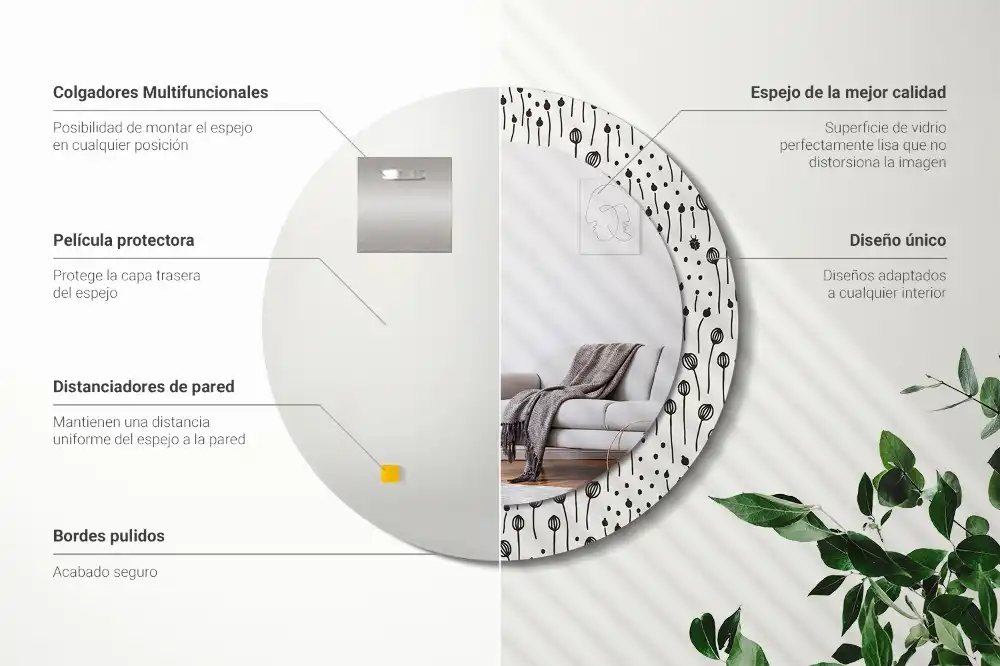 Miroir rond cadre imprimé esquisse florale