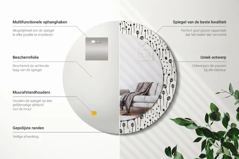 Miroir rond cadre imprimé esquisse florale