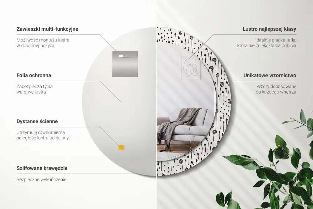 Miroir rond cadre imprimé esquisse florale