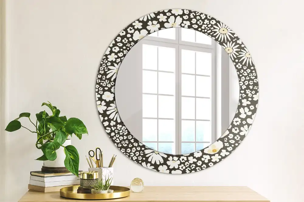 Miroir rond cadre avec impression fleurs de marguerites