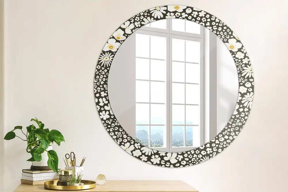 Miroir rond cadre avec impression fleurs de marguerites