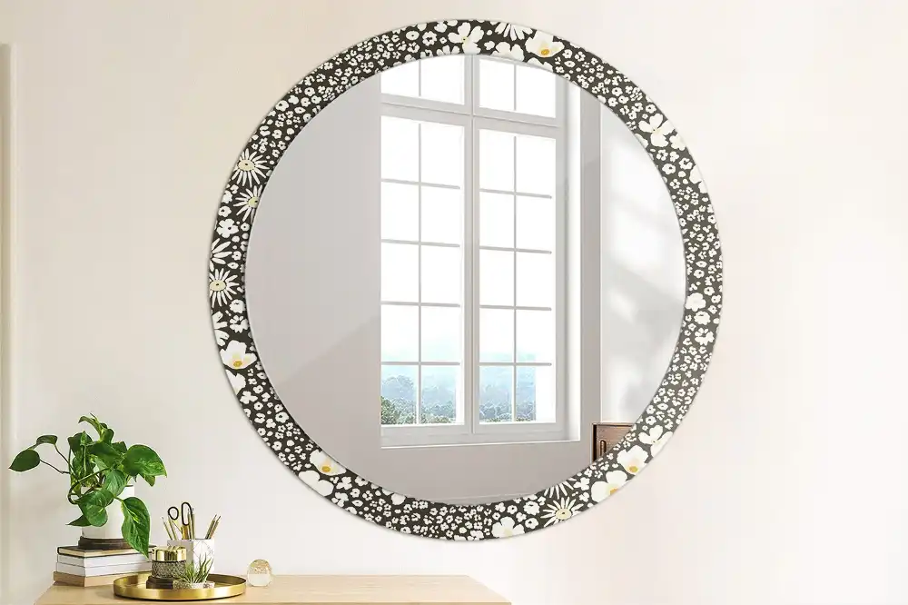 Miroir rond cadre avec impression fleurs de marguerites