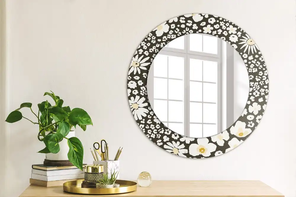 Miroir rond cadre avec impression fleurs de marguerites