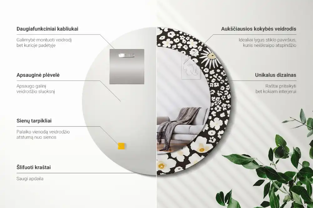 Miroir rond cadre avec impression fleurs de marguerites