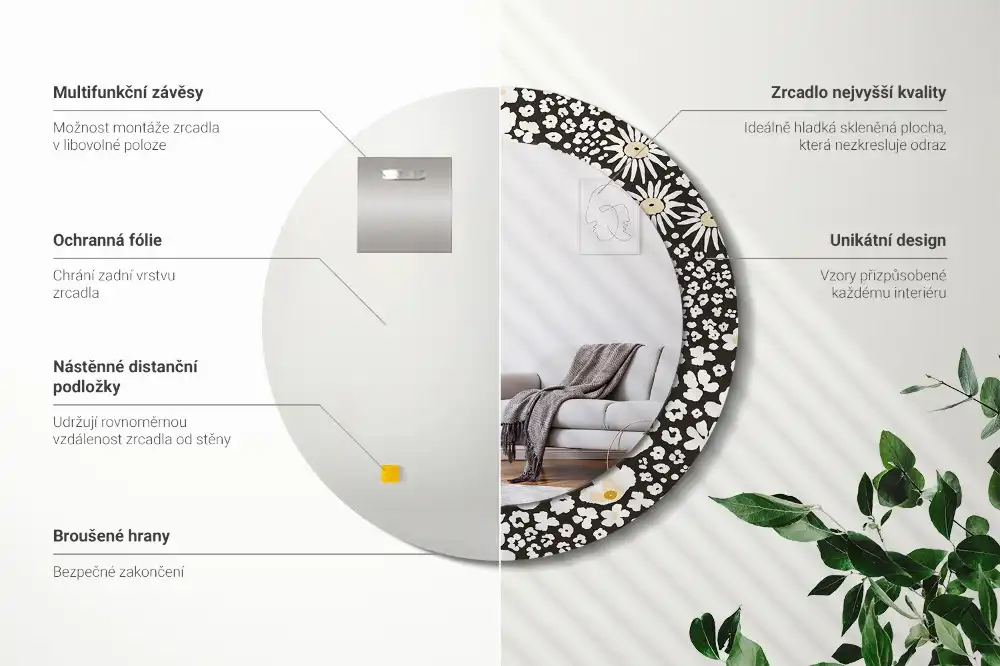 Miroir rond cadre avec impression fleurs de marguerites