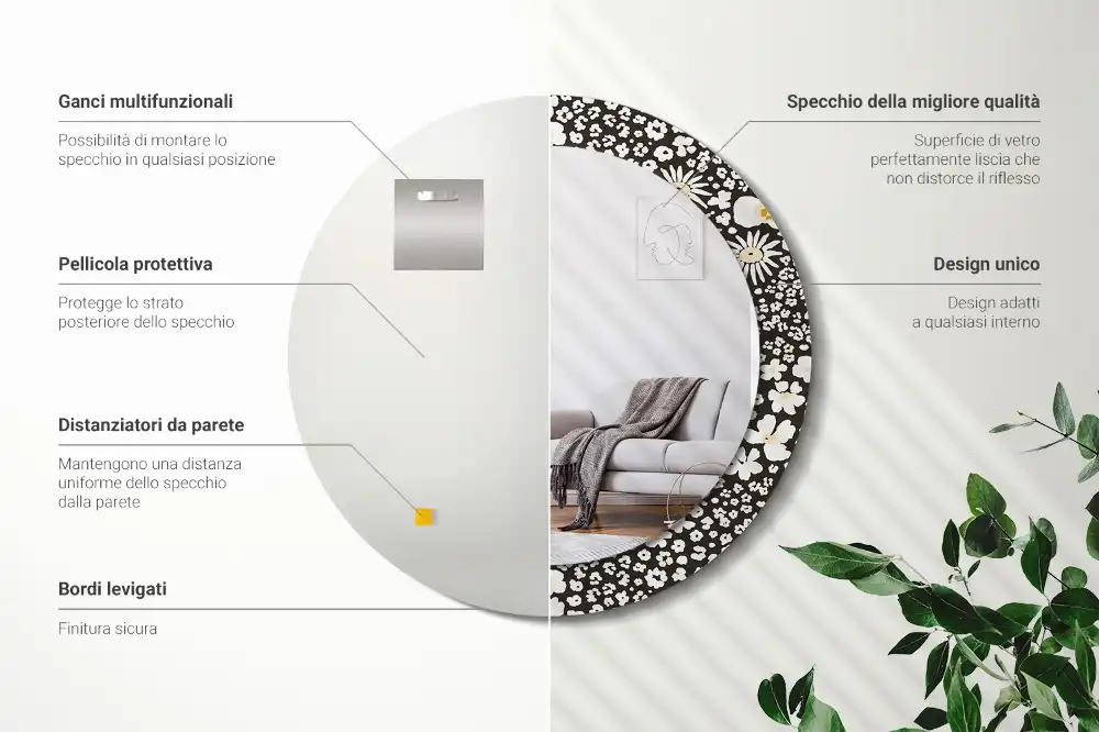 Miroir rond cadre avec impression fleurs de marguerites