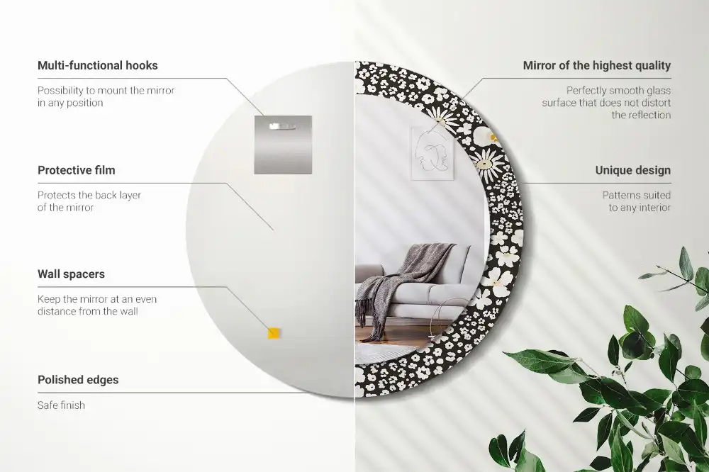 Miroir rond cadre avec impression fleurs de marguerites