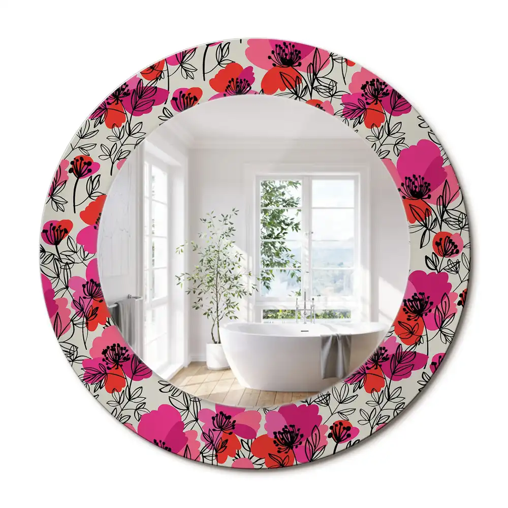 Miroir rond cadre imprimé pavots roses