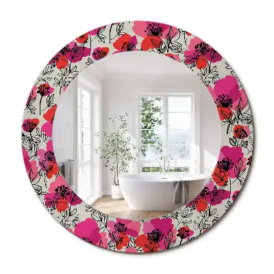 Miroir rond cadre imprimé pavots roses