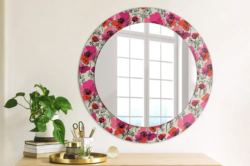 Miroir rond cadre imprimé pavots roses