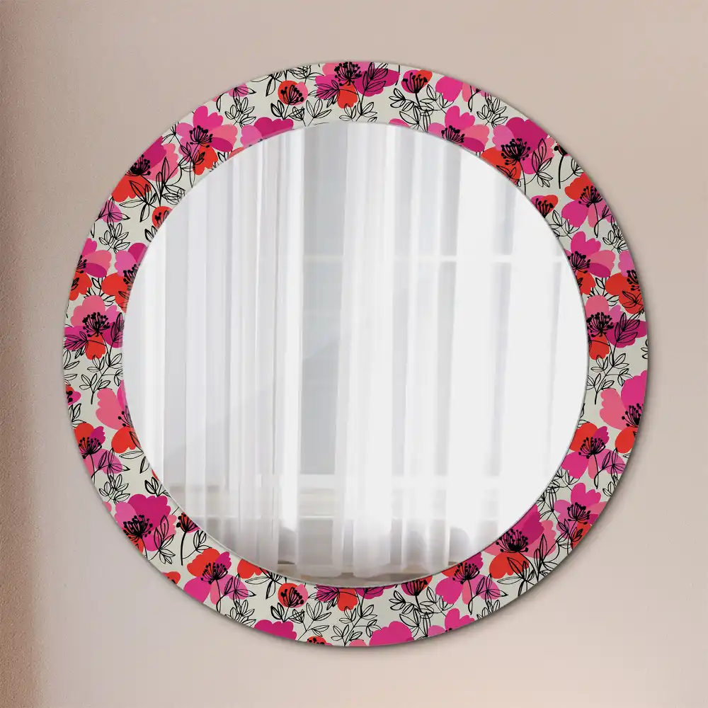 Miroir rond cadre imprimé pavots roses