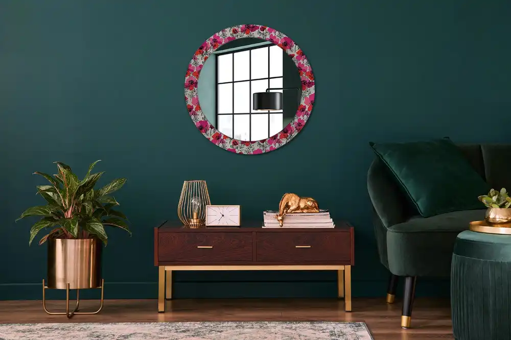 Miroir rond cadre imprimé pavots roses