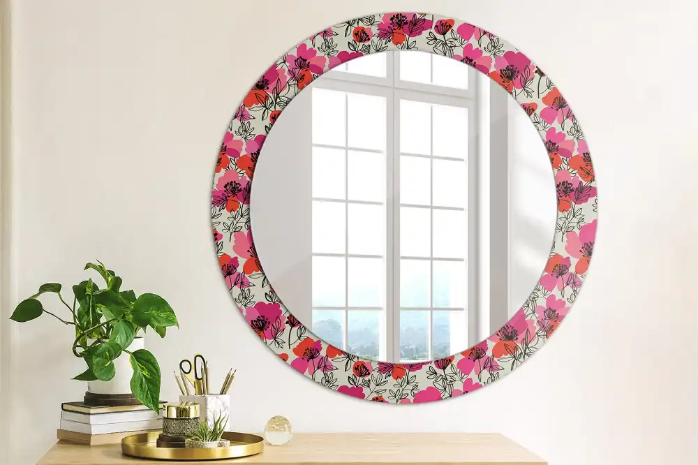 Miroir rond cadre imprimé pavots roses