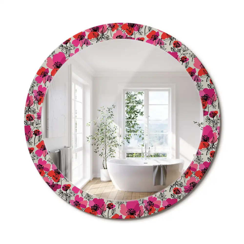 Miroir rond cadre imprimé pavots roses