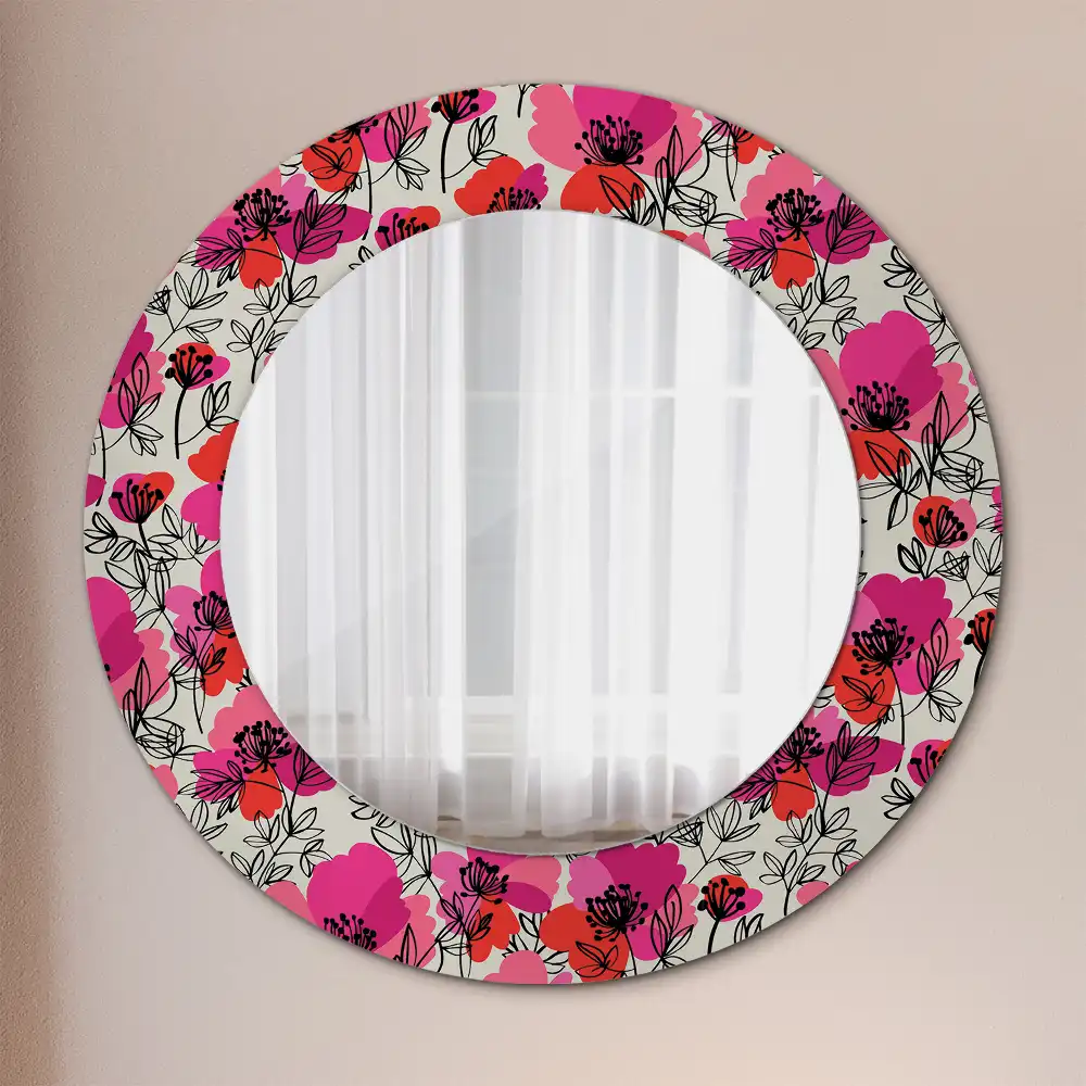 Miroir rond cadre imprimé pavots roses