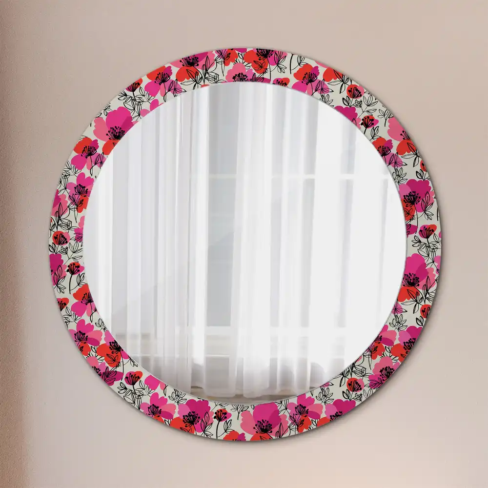 Miroir rond cadre imprimé pavots roses