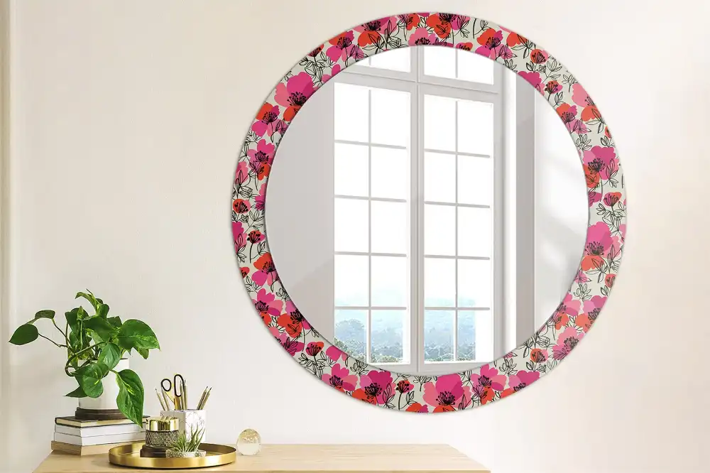 Miroir rond cadre imprimé pavots roses