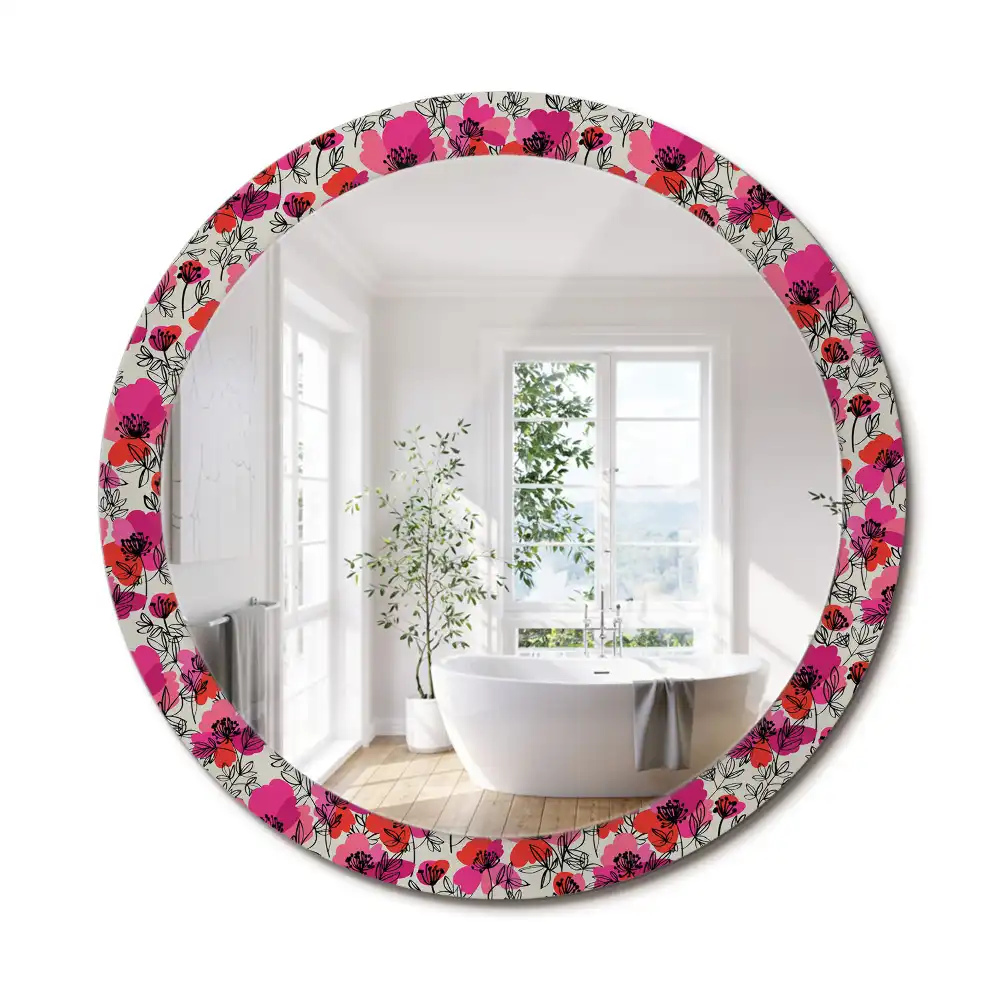 Miroir rond cadre imprimé pavots roses