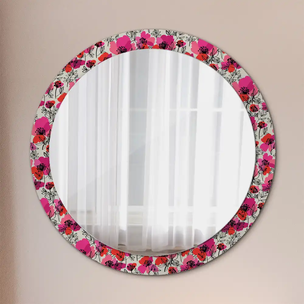 Miroir rond cadre imprimé pavots roses