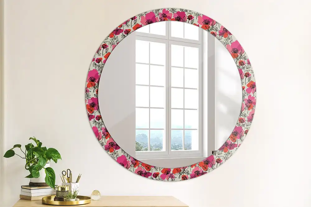 Miroir rond cadre imprimé pavots roses