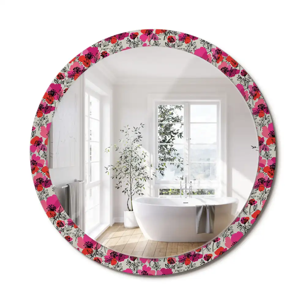 Miroir rond cadre imprimé pavots roses