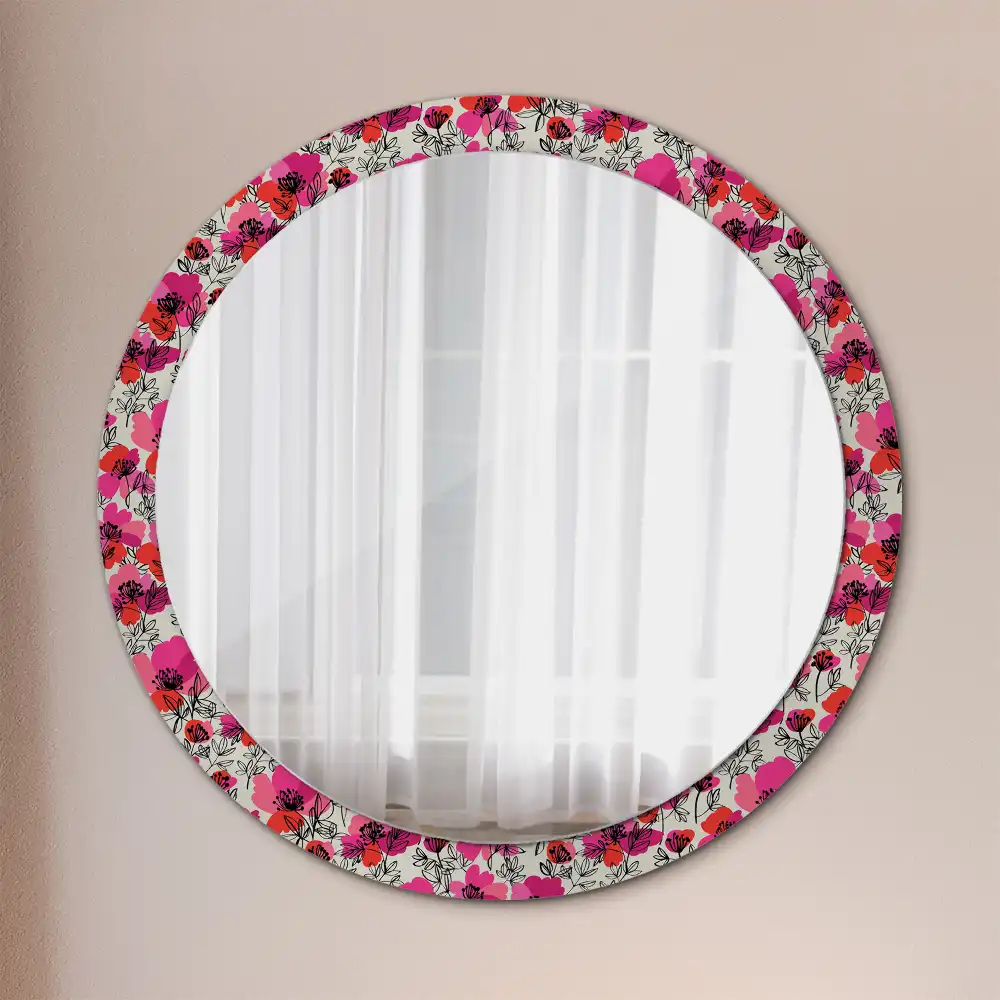 Miroir rond cadre imprimé pavots roses