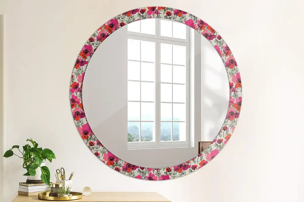 Miroir rond cadre imprimé pavots roses