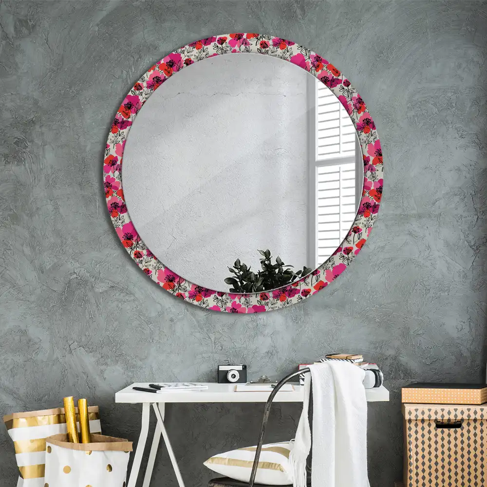 Miroir rond cadre imprimé pavots roses