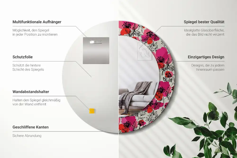 Miroir rond cadre imprimé pavots roses