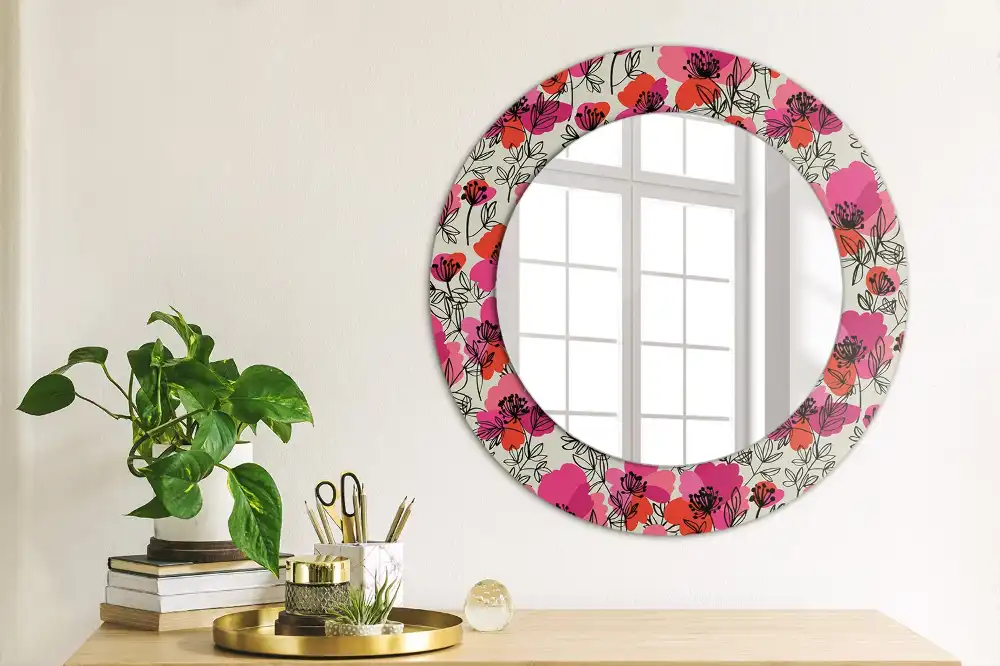 Miroir rond cadre imprimé pavots roses
