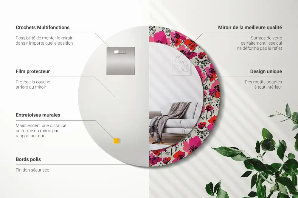 Miroir rond cadre imprimé pavots roses