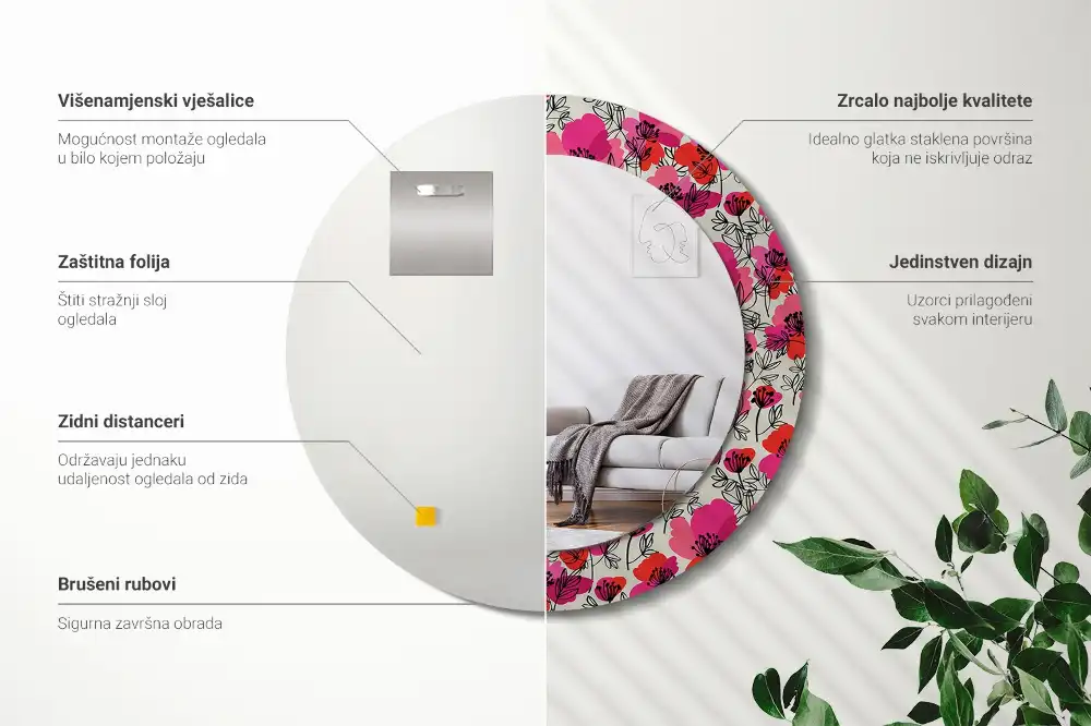 Miroir rond cadre imprimé pavots roses