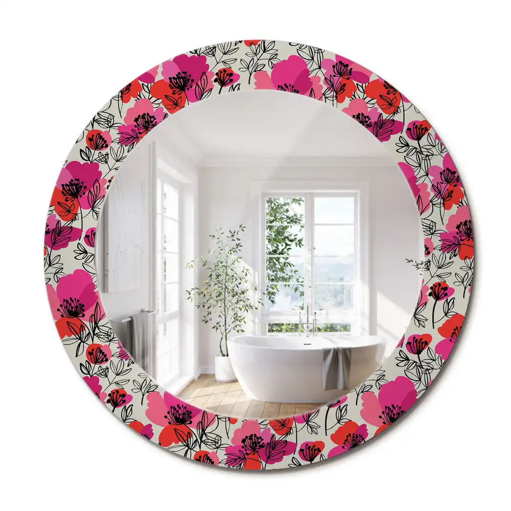 Miroir rond cadre imprimé pavots roses