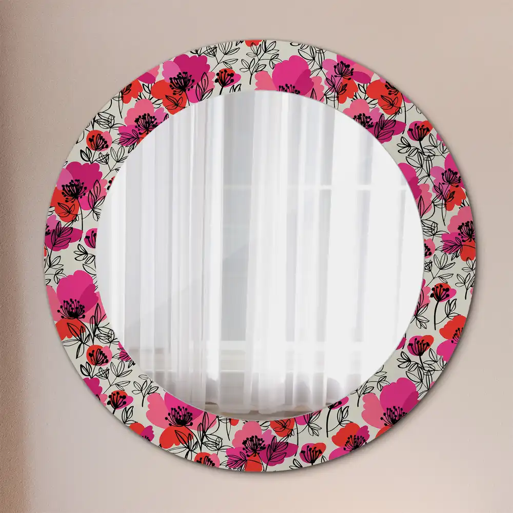 Miroir rond cadre imprimé pavots roses