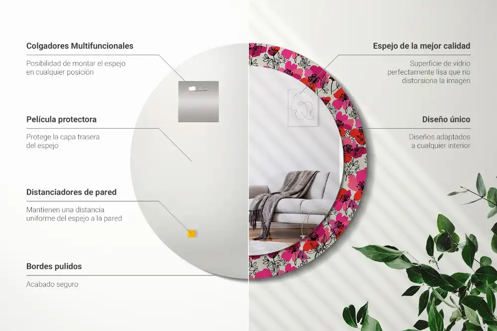 Miroir rond cadre imprimé pavots roses