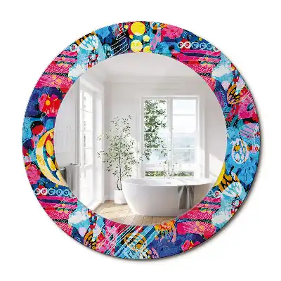 Miroir rond cadre avec impression gribouillages colorés