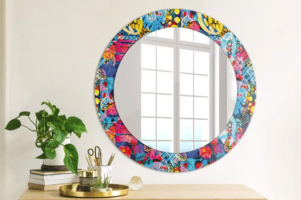 Miroir rond cadre avec impression gribouillages colorés
