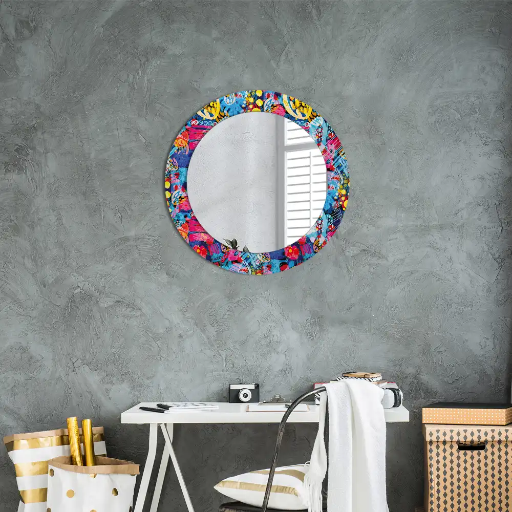 Miroir rond cadre avec impression gribouillages colorés