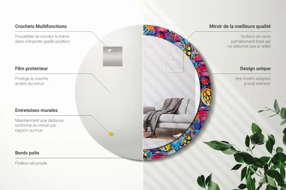 Miroir rond cadre avec impression gribouillages colorés