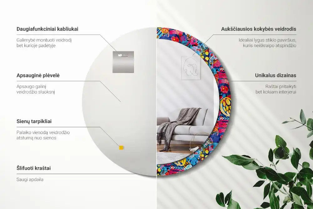 Miroir rond cadre avec impression gribouillages colorés