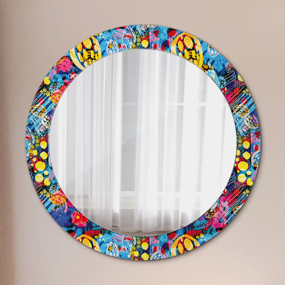 Miroir rond cadre avec impression gribouillages colorés