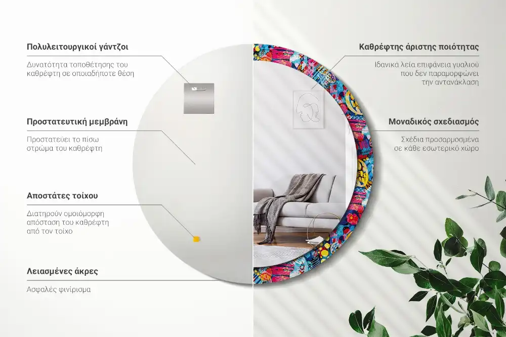 Miroir rond cadre avec impression gribouillages colorés