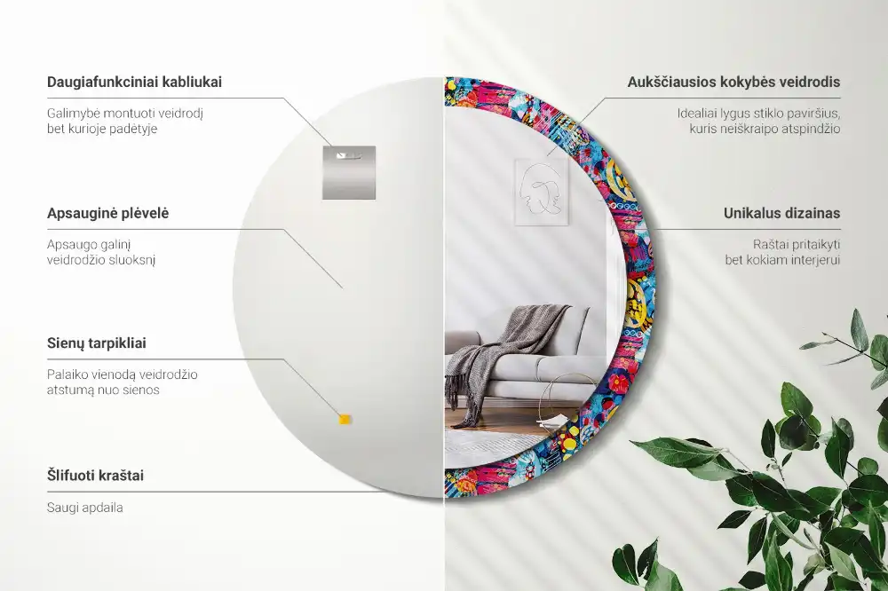 Miroir rond cadre avec impression gribouillages colorés