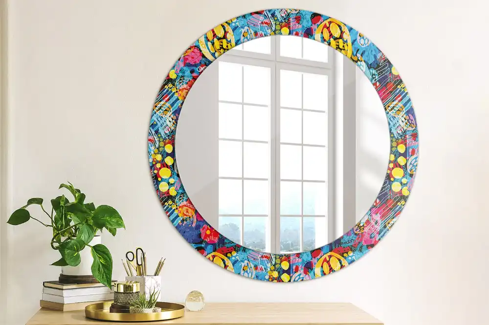 Miroir rond cadre avec impression gribouillages colorés